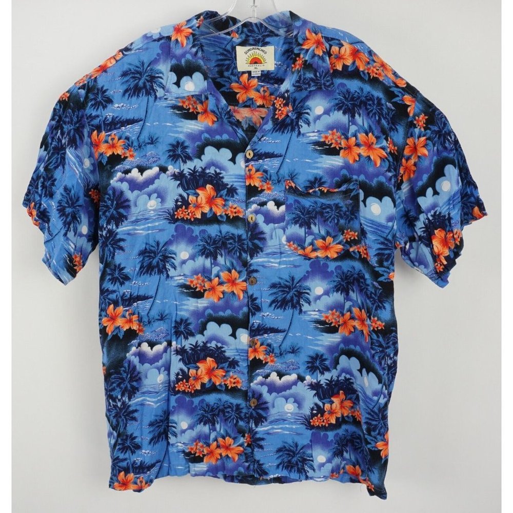 Sundrenched Australia Men's XL Short Sleeve Blue Floral Rayon Hawaiian Shirt